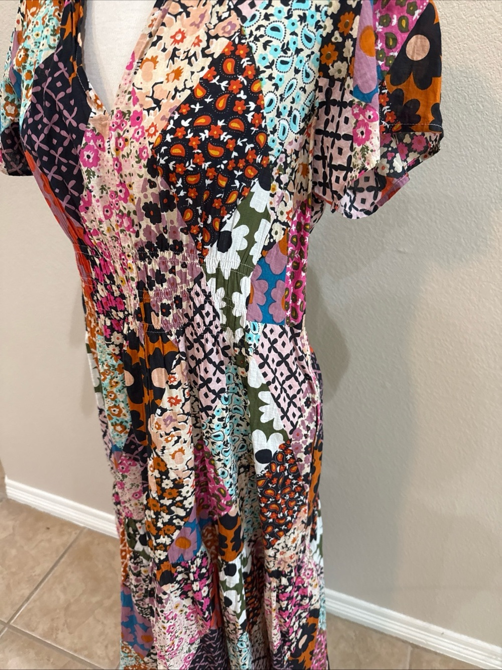 Uncle Frank 72587 Patched Up Maxi Dress Medium Cotton Multicolor Short Sleeve - Picture 4 of 7